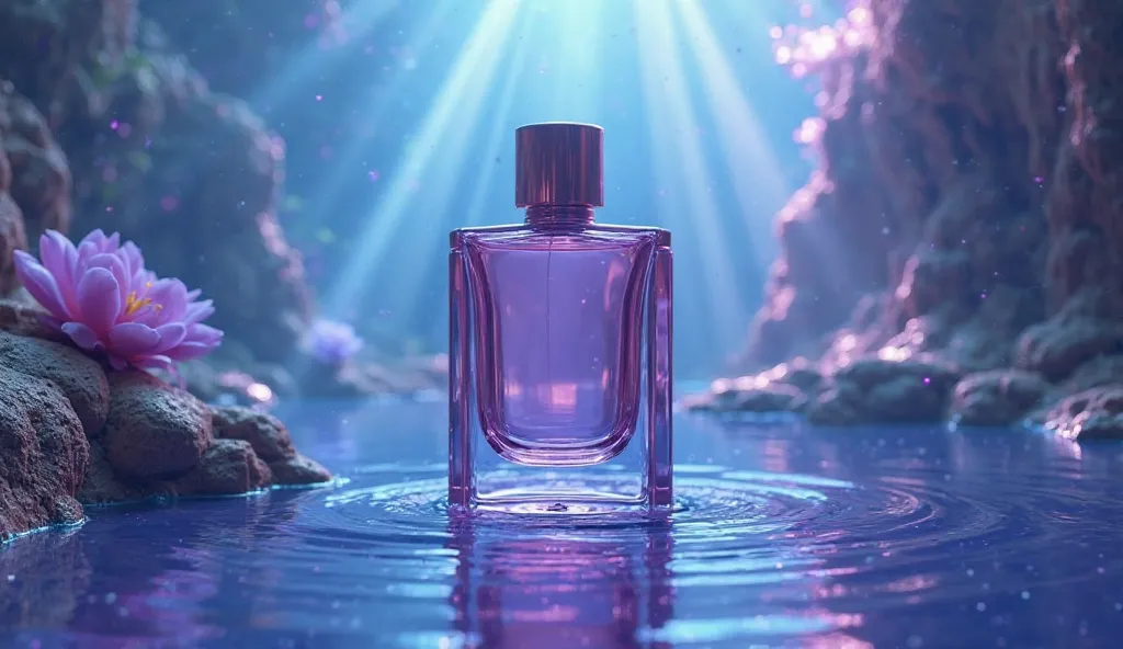 An abstract art and cyberpunk perfume submerged in water, colors purple and violet and water blue. 