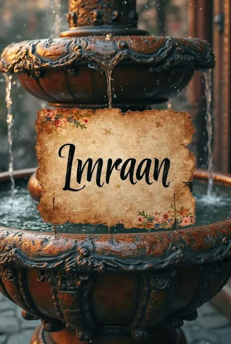 Decorate this name IMRAAN using old paper that's nailed to Chinese fountain 