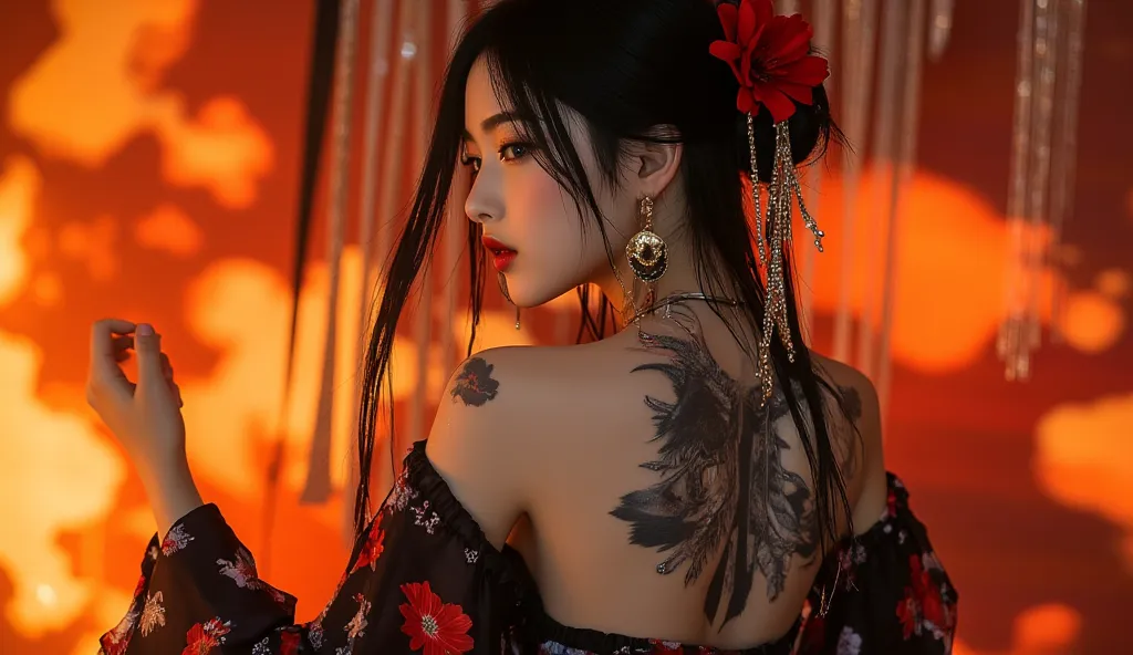 This image features a woman with a modern aesthetic, wearing a traditional Japanese dress kimono in red and black with floral print. She has long dark hair decorated with red flowers and gold accessories, as well as dramatic eye makeup in red.

 his face i...