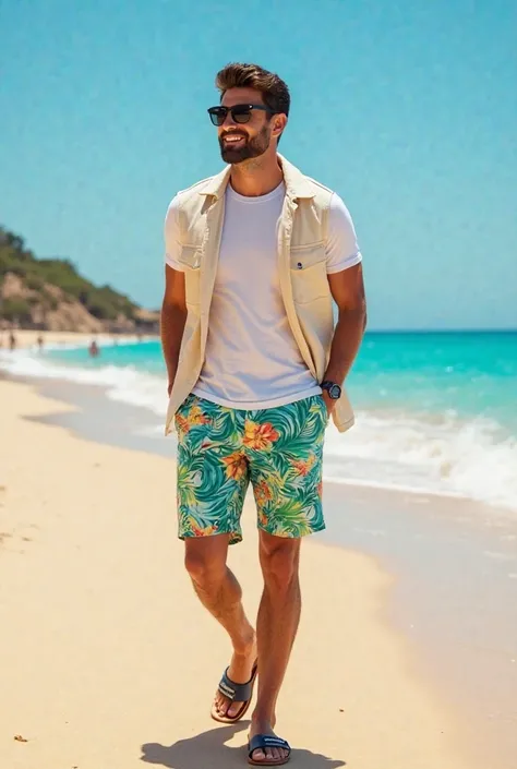 "A stylish man enjoying a sunny summer day at the sea beach, wearing trendy printed Bermuda shorts. The shorts feature vibrant tropical patterns like palm leaves, floral designs, or abstract summer prints in bright colors such as blue, green, yellow, or re...