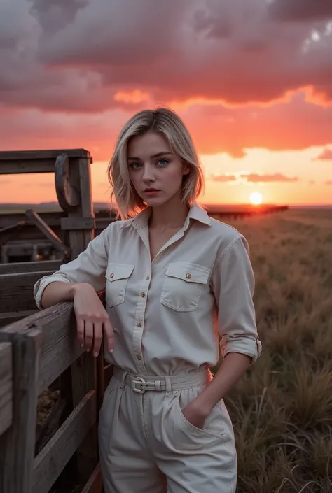 full body photo, full body portraits, 1 beautiful blonde woman, Age 19 , she is a men's magazine model , playing with camera, leaning against an old wooden carriage on a Montana ranch., Short linen pants and ((fully buttoned linen shirt)),  naked,  no hat,...