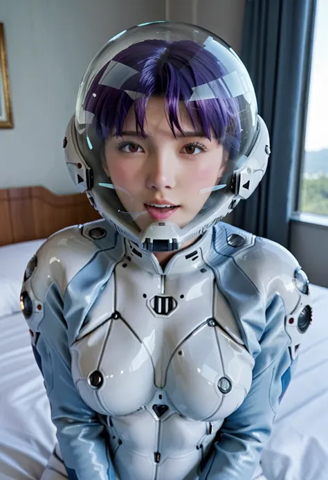 (spacesuit:1.15), , eva helm, eva helm,, space helmet masturbation, sweat, blushing, , looking at the audience,, indoors,masterpiece, best quality, 1girl, solo, {{{FROM :1.7}}}, pread legs, , , short hair, ,(heart sayings:1.2)space helmet, space helmet, lu...