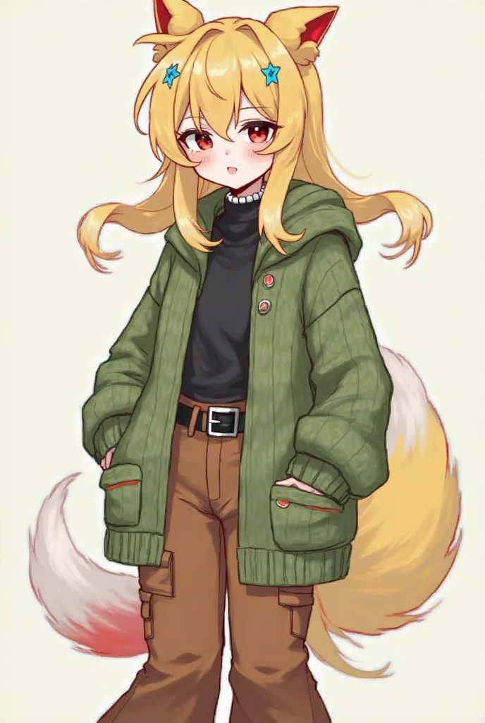 girl , mustard-colored hair on top, hood and an island long gradient turns white with red tips. pale skin, blue-red eyes, , a green knitted cardigan with a loose fit and a. Doggy fluffy white tail, mustard-colored tip. Coffee-colored flared pants with with...