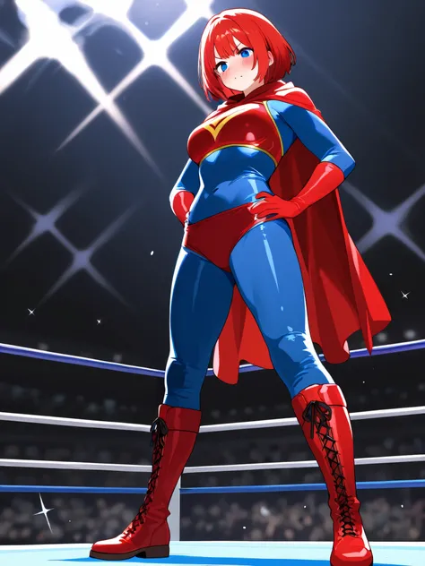  girls on the left　 Superhero　 Gold　 blue bodysuit　 Red Body Armor 　Red Briefs　long gloves　long boots　red cloak　 bullish expression　Hall々Standing with a straight face　Pro wrestling venue　Center of ring 