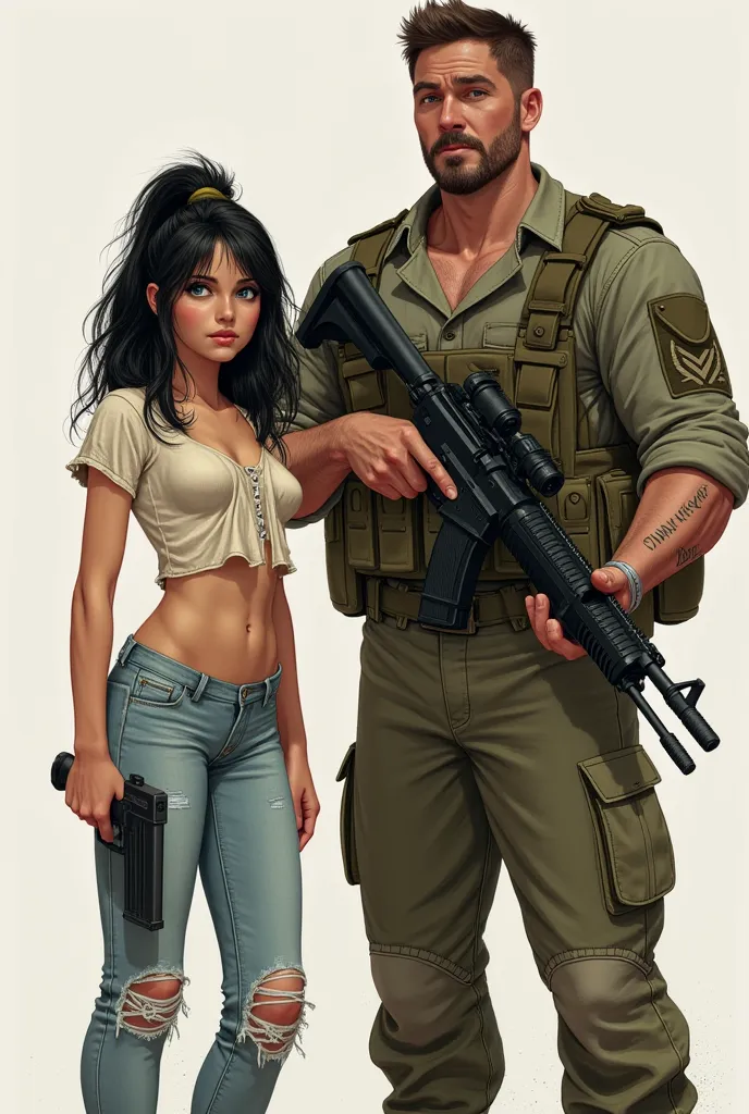 A girl with blue eyes and big black hair up to her ass, she is fair-skinned and is wearing ripped pants and a short blouse, holding a gun, and next to her is a large man with the physical size of a soldier, she has brown hair up to her shoulder and has a t...