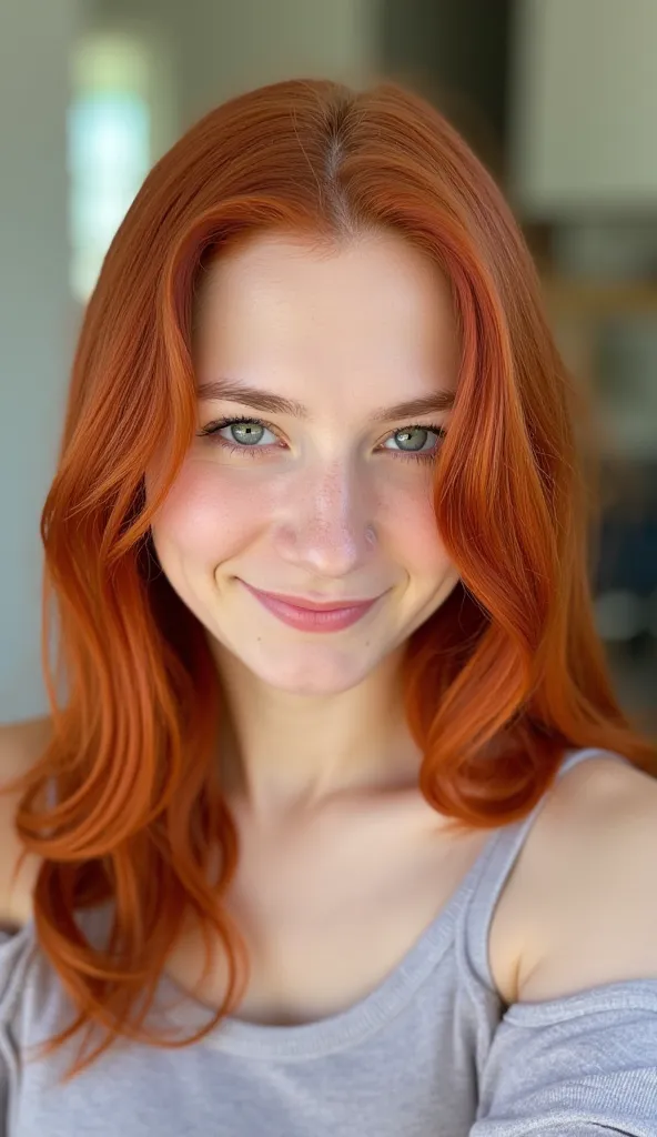 High quality photograph of a young, friendly red-haired woman posing for a picture, captured by an iPhone. The image should feature natural lighting, vibrant colors, and a balanced composition with a shallow depth of field to emphasize her features, along ...