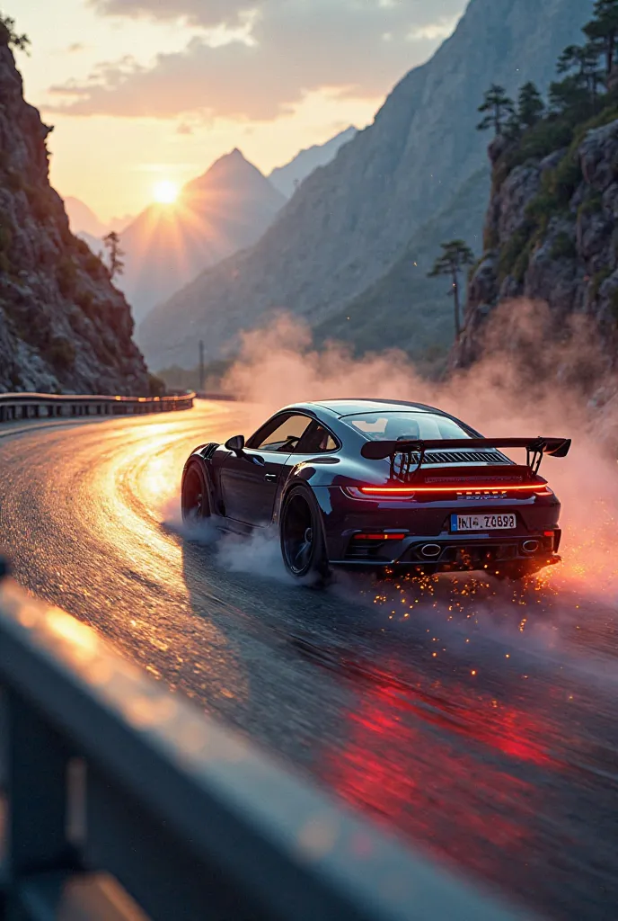  Dynamic Porsche Drift Scene (Land-Based)
Create a thrilling scene of a sleek Porsche 911 Turbo drifting around a tight mountain corner at sunset. The car’s tires kick up a dramatic cloud of smoke as it slides sideways, its vibrant paint—perhaps a deep met...