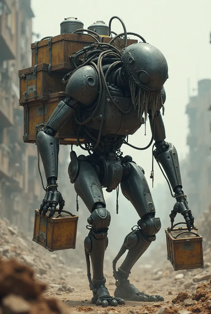 A hunchback Black killer robot,with battery pack on its back carrying ammo crates for soldier's 