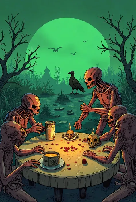 Post-apocalyptic picnic: glowing green wasteland background, mutants playing poker with dog skull chips, broken guitar as table, soup from tin can, two-headed vulture watching, dark humor cartoon style