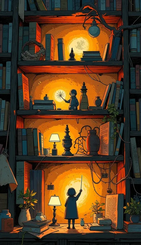 houses of little people line up in gaps in bookshelves and on old dictionaries。Using ink bottles as lamps、living with erasers as furniture。little people lift pencils like wands and recite some kind of magic。