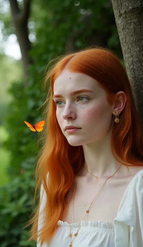 18 year old girl, long redhair with green eyes, with freckles, wearing a white outfit, With gold necklace and gold earring, Near the tree with Orange butterfly, 4k, 8k, Photorealistic