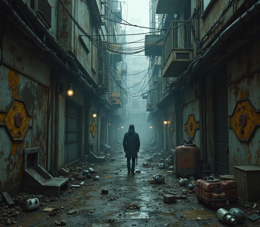 Concept art, cyberpunk, Gloomy dark alley with criminal technological parts, exciting perspective 