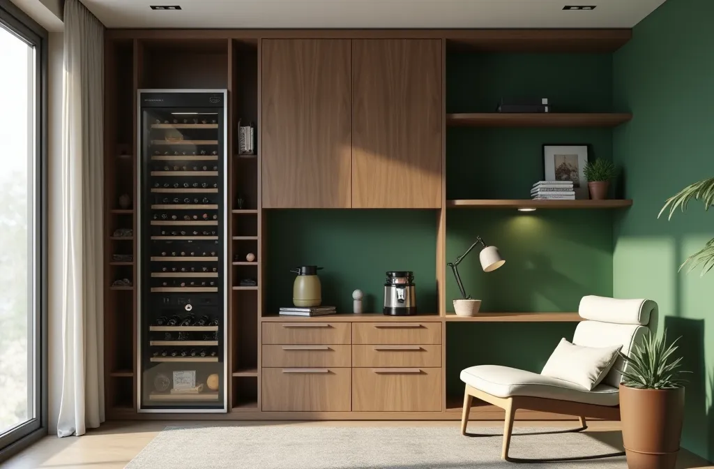 Create a closet with 1, 35 meters wide and 2 , 45 meters tall . the cabinet must contain a fridge,  a wine cellar . space for wine,  a coffee maker . minimalist style using the color green in the background of the wall. one part must be a tall cabinet and ...