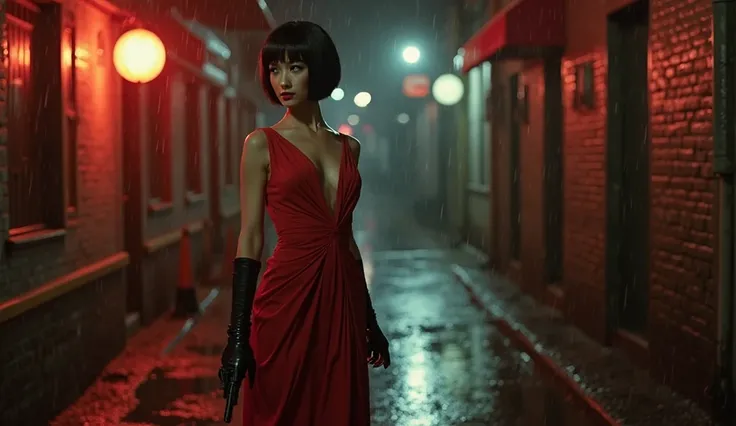 DVD screengrab from horror movie: The stunning Ada Wong is dressed in a sleek, stunning evening gown, a form-fitting red dress with a plunging neckline that highlights her exaggerated hourglass figure, Black stockings cover her legs, Her short black hair i...