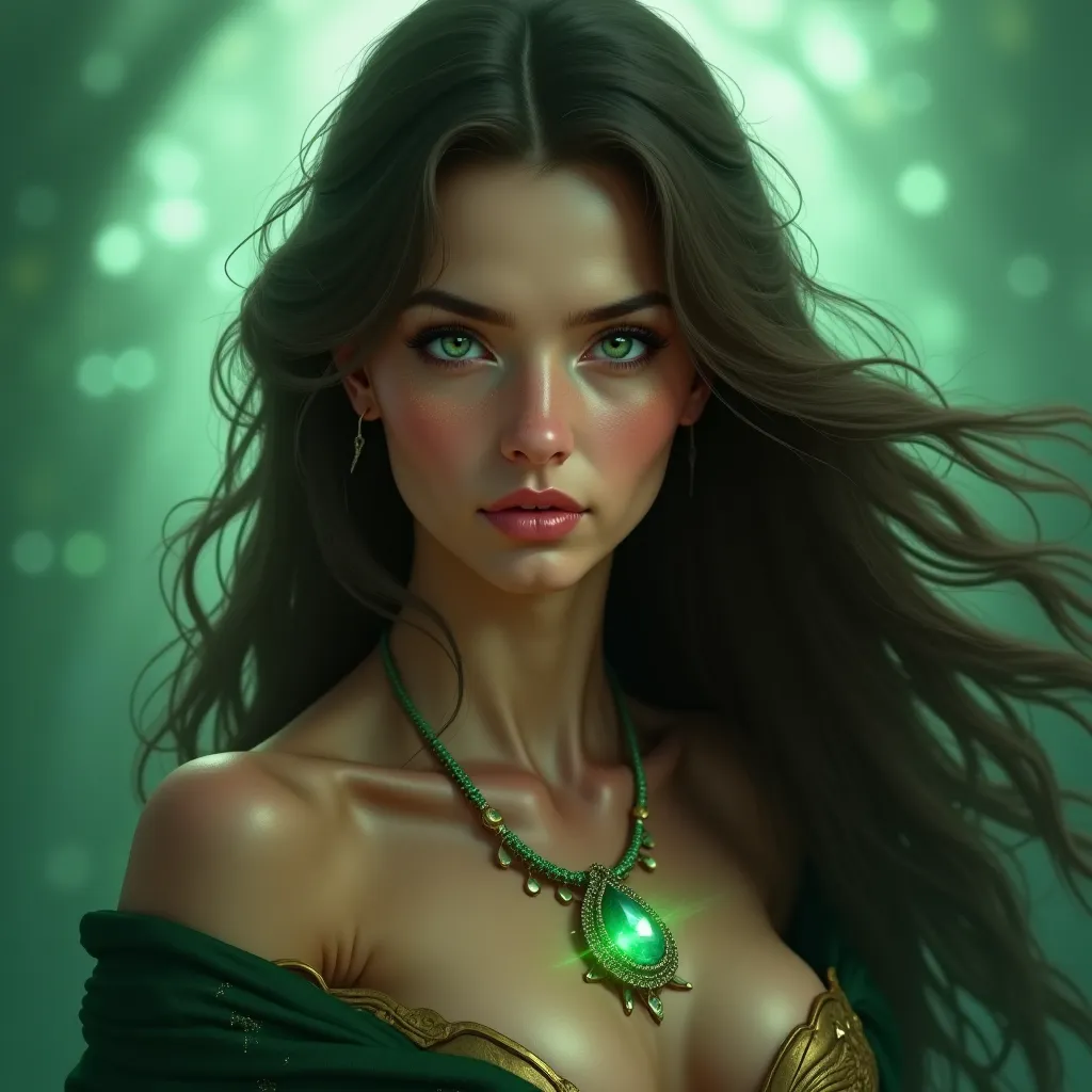 A headshot portrait, 8k resolution concept art portrait of a gorgeous Norse Goddess, with long, flowing dark brown hair. Deep green eyes. Her light brown tunic is complemented by a sparkling emerald pendant that rests on her breast. Décolletage. 
Ethereal ...