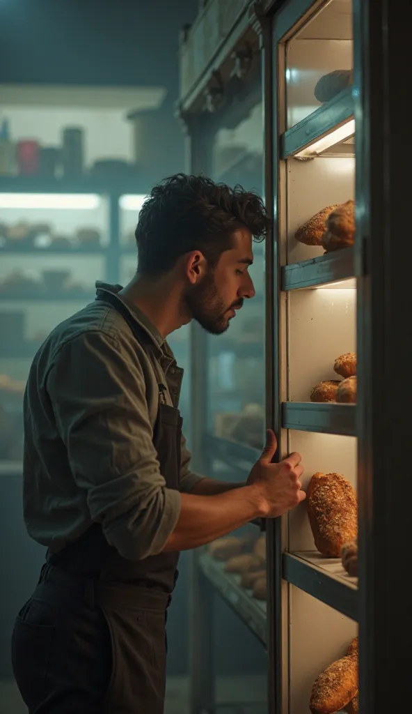 Adrián is looking behind a bread cabinet in a blurry bakery. 