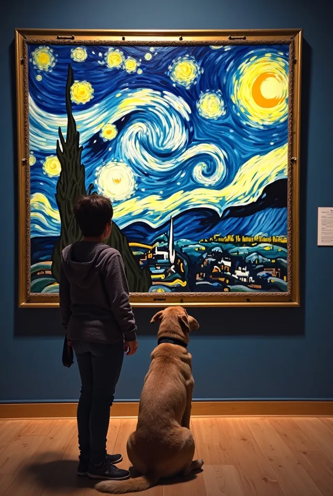 Vincent van Gogh's painting "The Starry Night." The photograph shows a person and a dog looking at the artwork. "The Starry Night," created in June 1889,