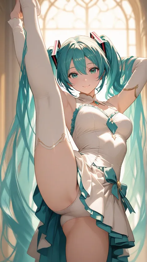 masterpiece,amazing image quality,Highest quality,Ultra High Definition,24K, 's illustration , cute, Standing Split, Hatsune Miku, completely naked