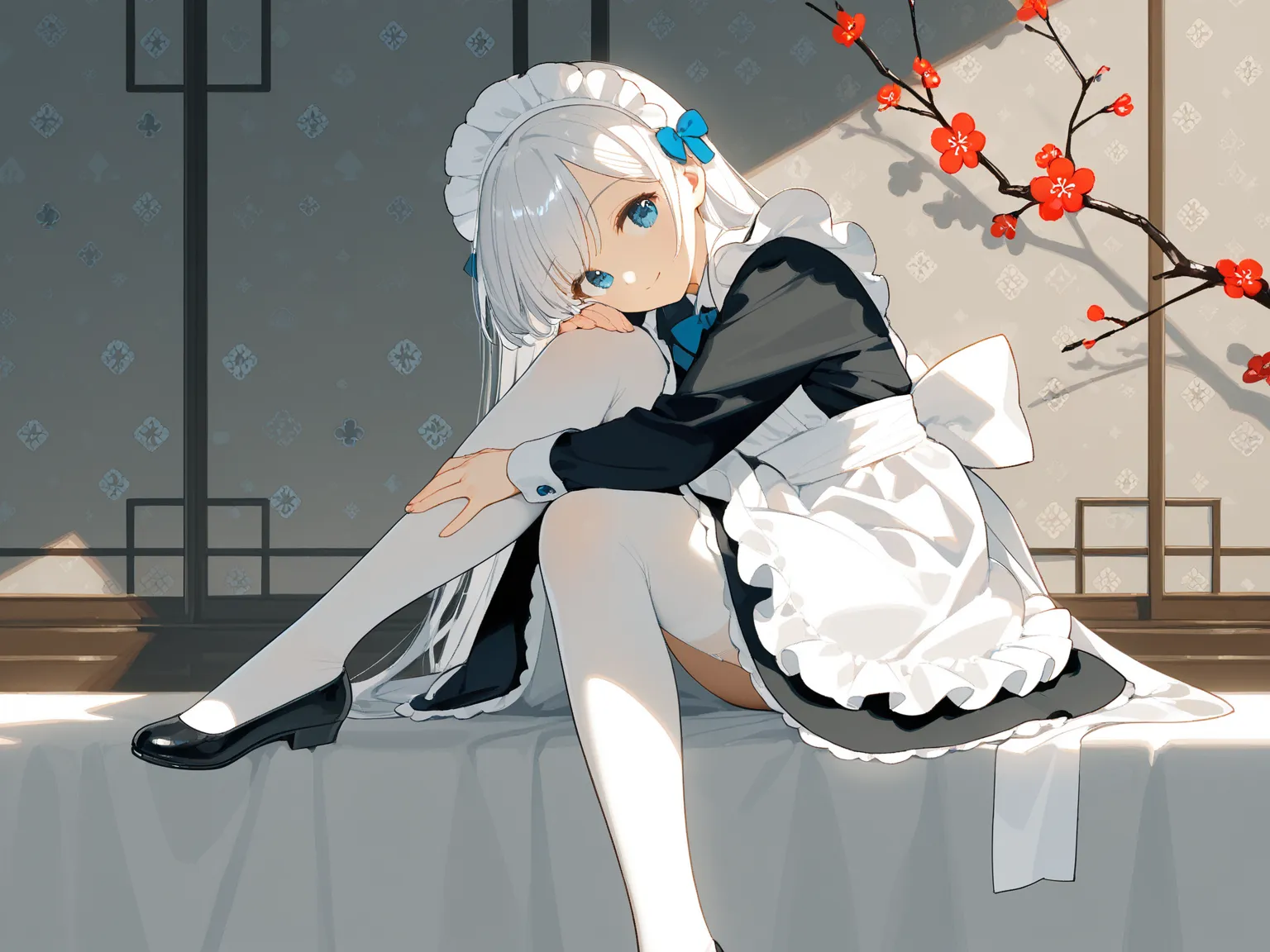 1 girl,maid,Sitting,There is a blue bow on the cuff ，Put your hands on your calves，white stockings，White hair,  long hair,There are plum blossoms and spade squares on the dress