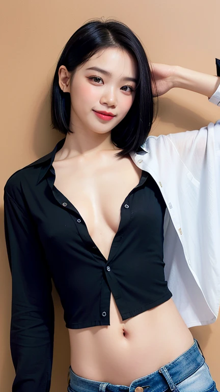 Highest quality, masterpiece, Ultra High Definition, (realistic:1.4), (Closeup Portrait) RAW photo, 1 girl, 2, slim body,(Cosplay),(Expose too much), Nipples,((Short straight hair)),((the body in a sexy but)),((sexy pose)), realistic pictures, ((long black...