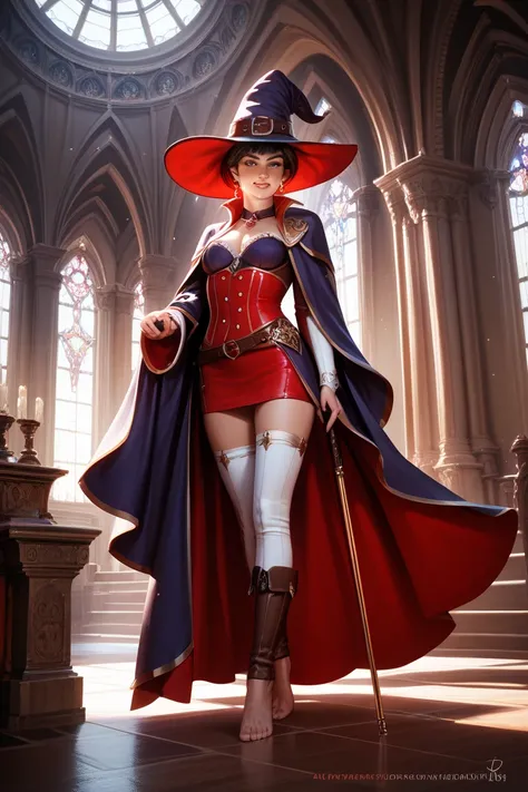  female wizard 、 small tits、small chest、 Tongari Hat、 not wearing clothes、Just boots, a cane, and a hat、