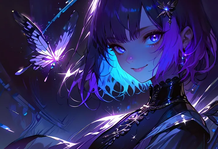 one girl、short hair、 dark hair、Purple,青色dip-dye hair、Purpleの瞳、smile、 soft atmosphere、blue crystal、Blue light、Feather、Sparkle、 upper body,butterfly、 is looking at a 、 and the mouth is open