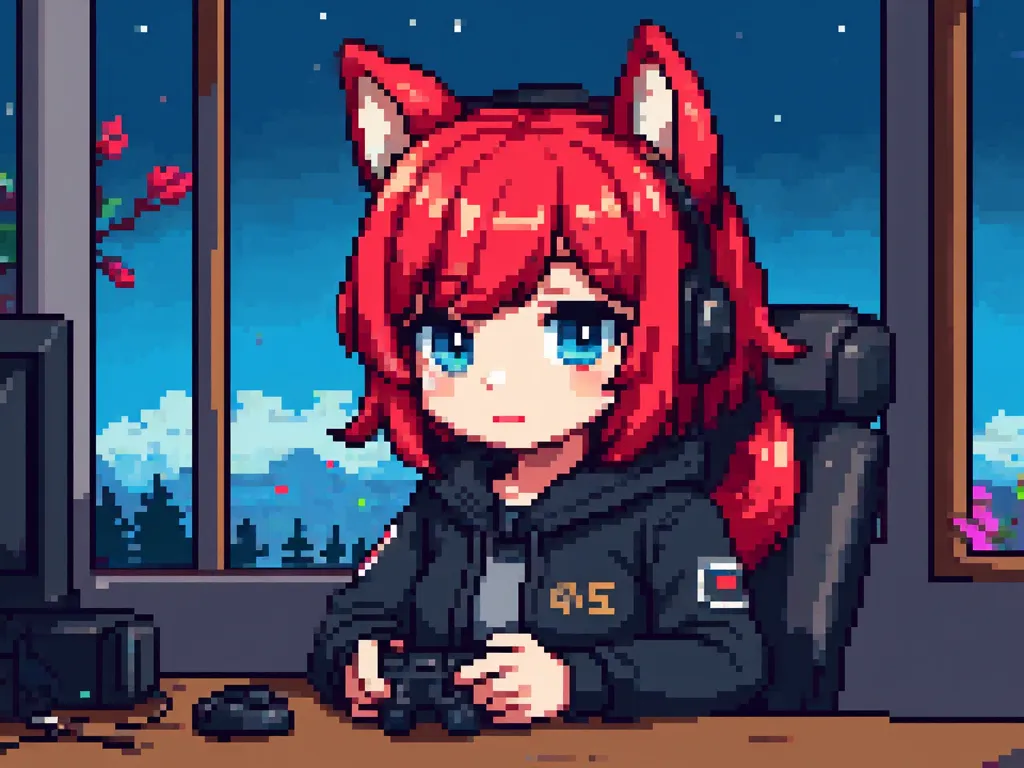 Draw a young gamer fox girl with blue eyes, short red hair . She has fox ears growing out of her head, with headphones on her head. She is wearing a black hooded sweater, holds a gamepad in his hands.  sits in a gaming chair, it's spring in the room outsid...