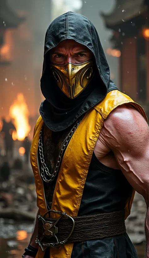 Here's a detailed prompt for generate a super realistic image of Hugh Jackman as Scorpion, with a shiny metal mask and yellow and gold details, focused on the upper body:

"Close-up hiper-realista do Hugh Jackman como Scorpion, the iconic ninja specter of ...