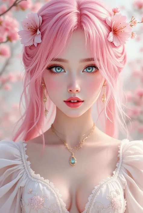 pinkfluxproultrafantasia, ((masterpiece, best quality)), a very beautiful portrait of a Pink-haired fairy、Plumeria Lots、 White fluffy clothes、Tender time、, 8k, pixiv illustration, masterpiece, best quality, character design, Chanel, clear facial features, ...