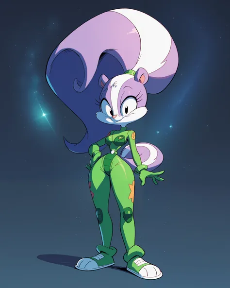 Ramman aka Conjis Star the female skunk, cosmic-themed green supersuit, full body view, tiny toons style, by diives,