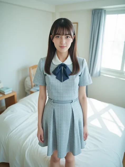 Photorealistic, 8k, bright natural daylight with soft, even diffusion, high contrast for sharp details, 1girl, Japanese, brown hair, wearing light baby-blue plaid dress uniform with fitted bodice, short sleeves, classic light baby-blue peter pan collar, ne...