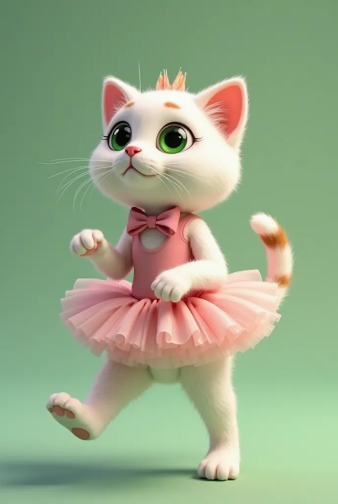 The cat is white with brown spots, big green eyes on its head, a pink bow is dressed in a ballerina-like dress, one front leg is raised up the other leg down , this cat is standing on its back leg The second hind leg is raised up 
Realistic image style wit...