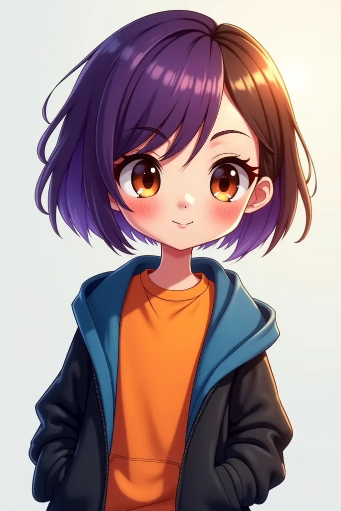 Une image de dessin animé d'une fille au cheveux d'un côté très court et de l'autre court, chestnuts with purple locks, with brown eyes, with an orange and blue sweatshirt and a black jacket