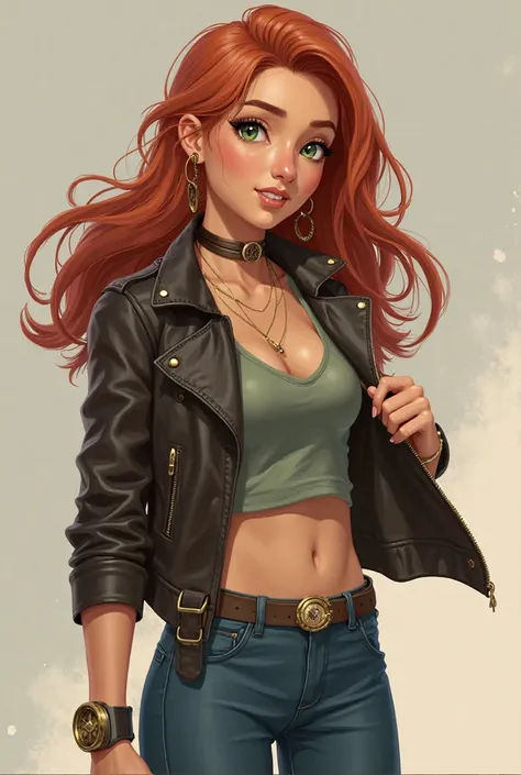 Appearance:

Hair: Long, flowing auburn hair with subtle waves that catch the light beautifully.

Eyes: Striking green eyes that sparkle with curiosity and intelligence.

Skin: Smooth, sun-kissed complexion with a healthy, radiant glow.

Figure: Athletic a...