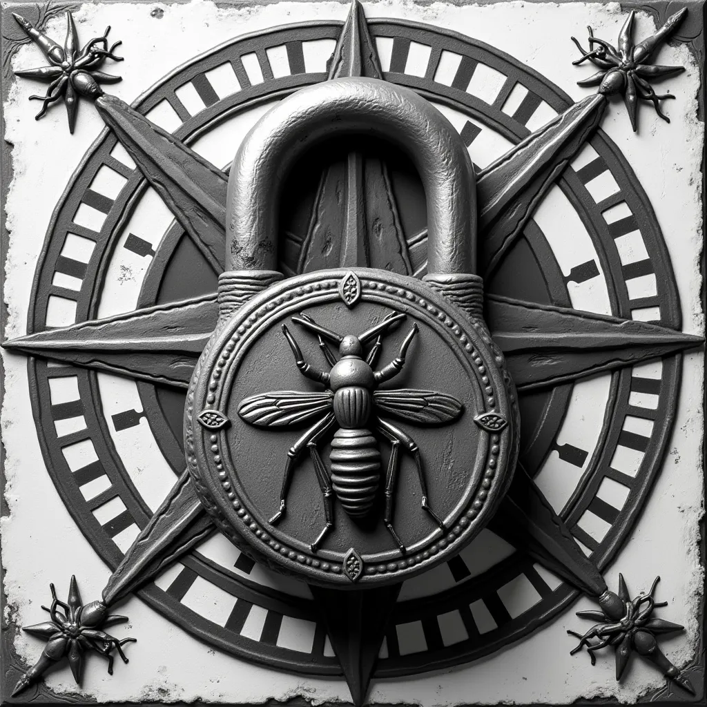 Black and white pictures.A classic style lock.Symmetrical pattern of locusts on top.Background with mysterious text decoration.Represents a circular shape behind the lock.Large rune decoration in four directions from top to bottom left and right.Decoration...