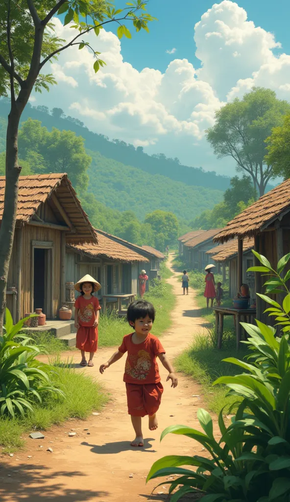 "A once-conflicted region in Cambodia now transformed into a peaceful and thriving village, with ren playing and families rebuilding their homes."