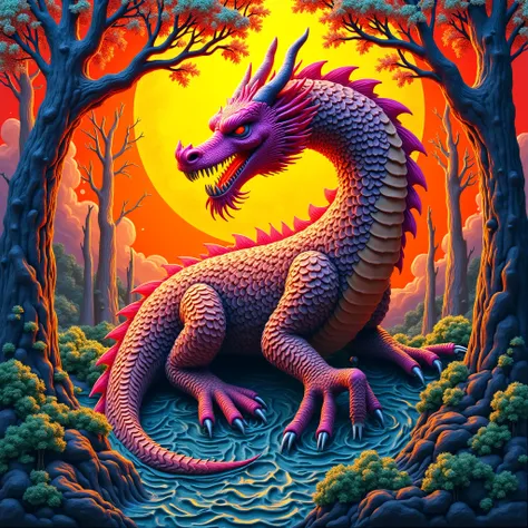 NFT 3D woodcut colorful dragon setting fire perfection 