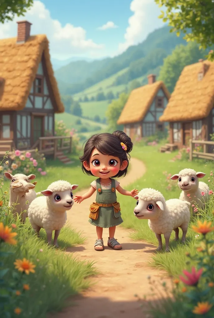 Create an animate image of  girl playing with sheep and goat in the village 