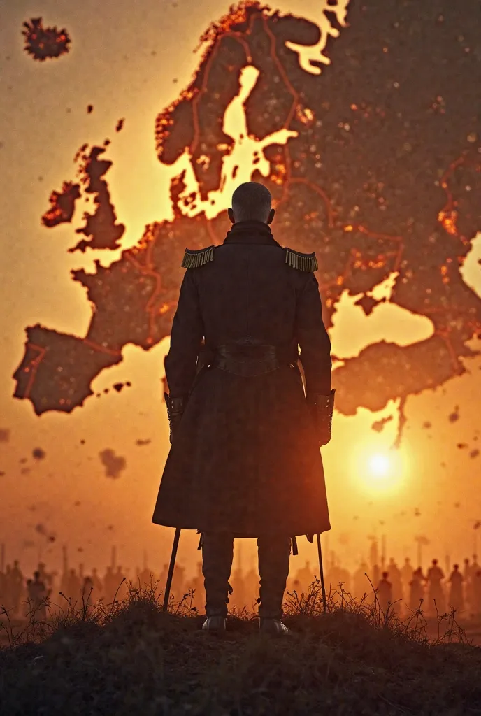 "A towering figure of Napoleon Bonaparte stands at the edge of a battlefield at dusk, his silhouette illuminated by the golden glow of the setting sun. His coat billows in the wind, and behind him, a massive map of Europe burns, symbolizing both his conque...