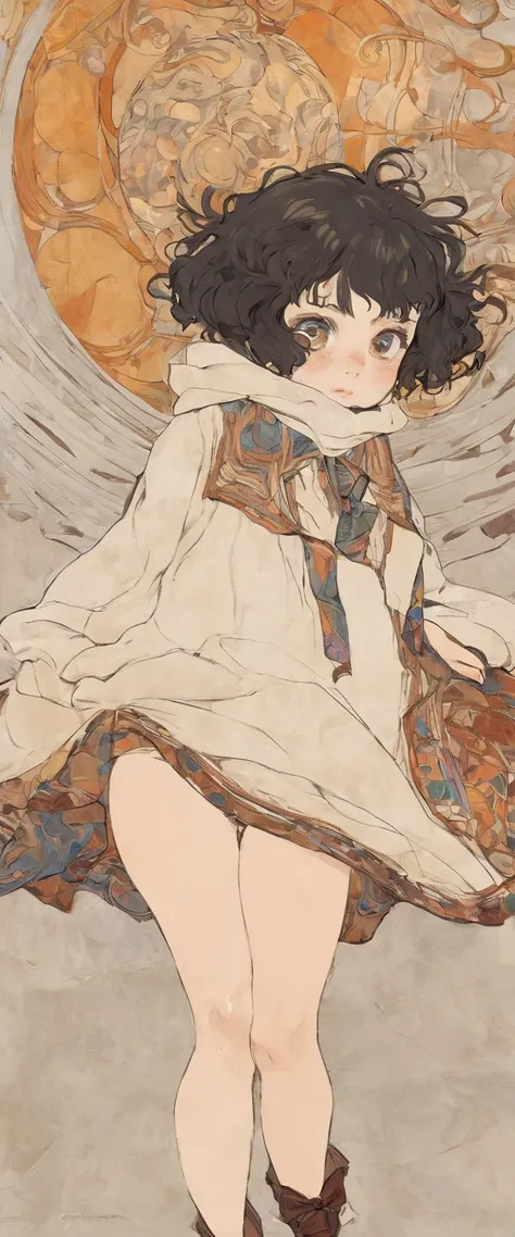 Walking in the Wind, 1 pretty girl, loli, solo, little fat, round face, black hair, messy curly bob hair, forehead, female cute pose, legs, Egon Schiele: Expressionism style, Gustav Klimt: art-nouveau style,