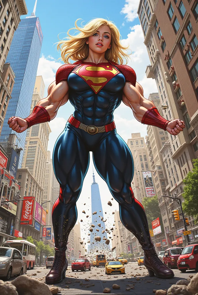 Comics superheroine, 19 years old girl, posing over a NYC city, she crushing and demolition the trump tower, she is blond and muscular, comics style, masterpiece, she is giantess