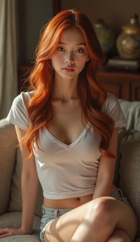  best skin ,  Indonesian girl , long-haired little red, Oval-faced Gorgeous,  smiles, sexy,  wearing short t-shirt, very white skinned like a chinese girl,  seductive sitting pose on the couch