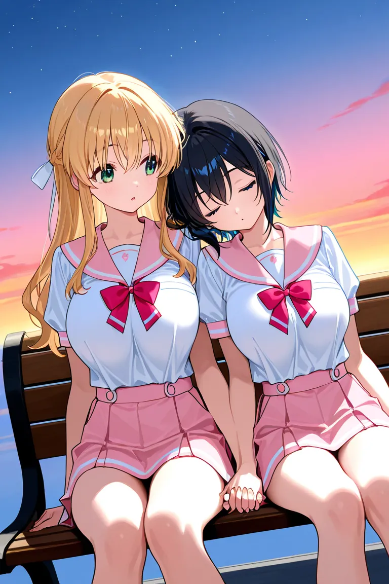 Two girls（long hair、blond hair（A pair of ribbons on the left and right）、Big Breasts、 green eyes、Fleeting、 sleep 、Lean on your shoulders 、peace of mind、peace）、（short hair、 black hair、 small tits、 blue eyes、Rin々Shii、Love ）、Under the sunset sky、 hold hands、 p...