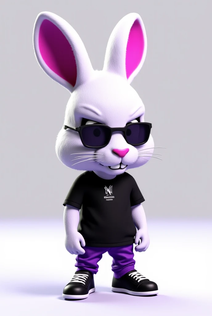 /Imagine anthropomorphic rabbit, pure white fur, stylish urban streetwear, fully black T-shirt, confident pose, standing against a matching white background, detailed fur texture, cinematic lighting, Unreal Engine render, 8K, sharp focus, smooth shading, e...