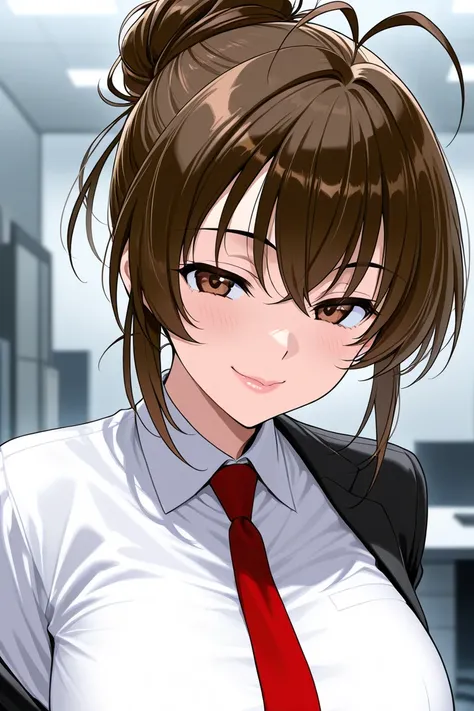 score_9, score_8_ arriba, score_7_ arriba BREAK 1girl, Alone, Akizuki Sarah    , Brown hair,   hair summary  , hair bun,  brown eyes, Lips,  seductive smile :1.2, big breasts、  white shirt、 red tie 、 pantalones negros、 Office space 、 office interiors  、 Cl...