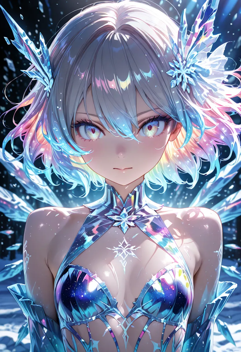 ultra detailed, absolutely resolution, masterpiece, highly detailed, sharp focus, vivid colors, soft lighting, cinematic composition, close-up of a beautiful goddess trapped in ice, emitting many beautiful colorful lights, thin flat slender body line, fant...