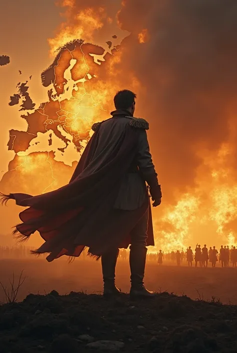 "A towering figure of Napoleon Bonaparte stands at the edge of a battlefield at dusk, his silhouette illuminated by the golden glow of the setting sun. His coat billows in the wind, and behind him, a massive map of Europe burns, symbolizing both his conque...