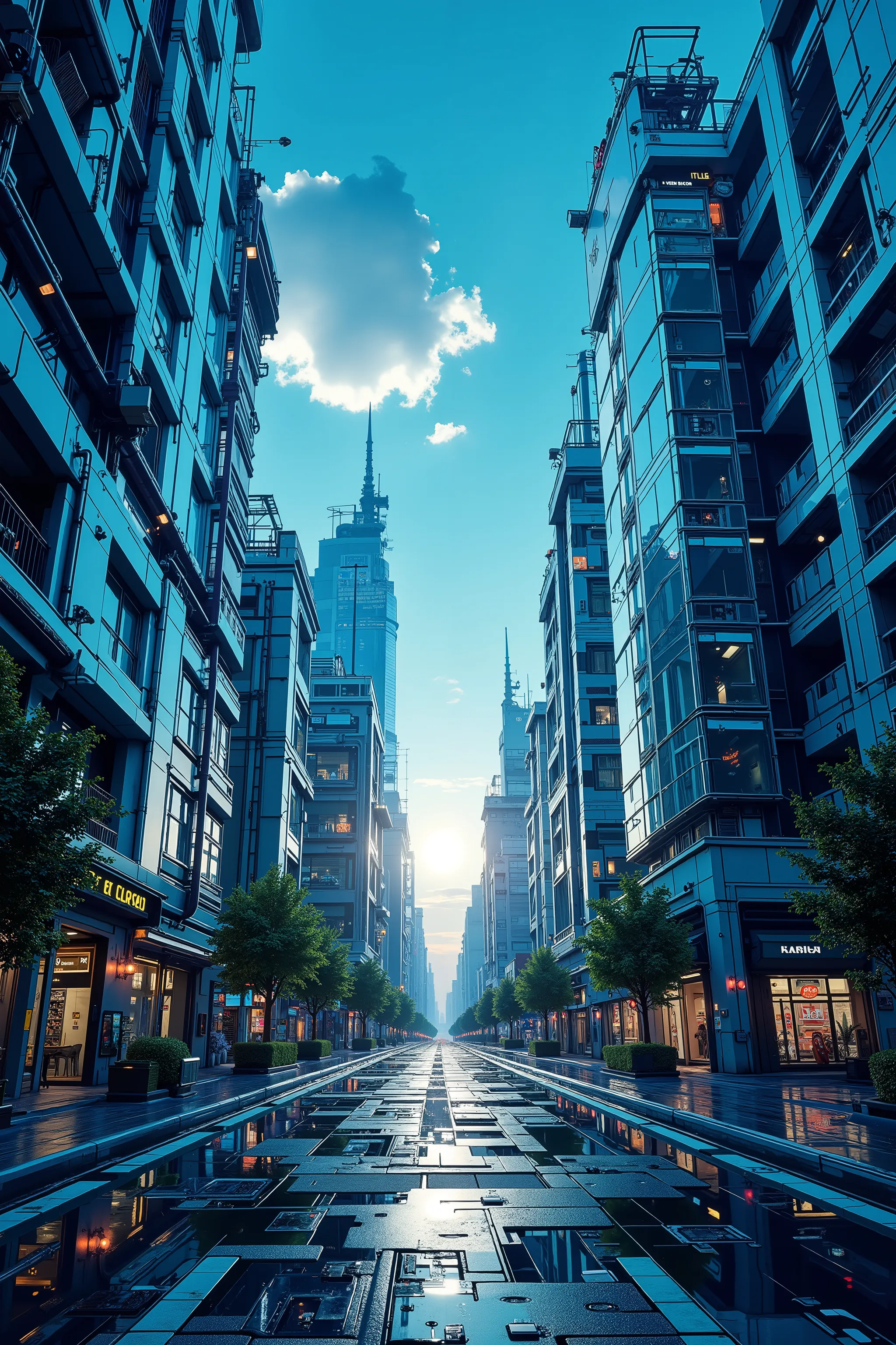 Concept art d’une rue de ville de science-fiction; buildings ultramodernes d’acier et de verre à la surface réfléchissante; ciel bleu; soleil de midi; la caméra est placé au niveau des yeux du photographe. Vue à la Première Personne, Qualité Meilleure.