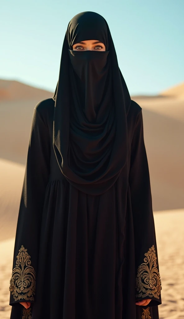 {
  "prompt": "A mysterious woman wearing a black full-face veil (cadar), with only her eyes visible. She is standing in an outdoor setting, surrounded by soft, diffused sunlight. The background is a blend of desert dunes and a clear blue sky. The woman ha...