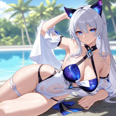 Honkai Impact 3、Kiana、best image quality、 best thighs、Beautiful breasts、wet body、Galaxy eyes、 day、Galaxy hair、So that the whole thing is reflected、Cat ears、